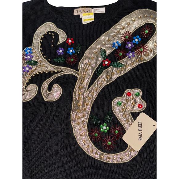 Vintage 1990s Leau Vive black sweater with shoulder pads sequence y2k - Picture 2 of 5